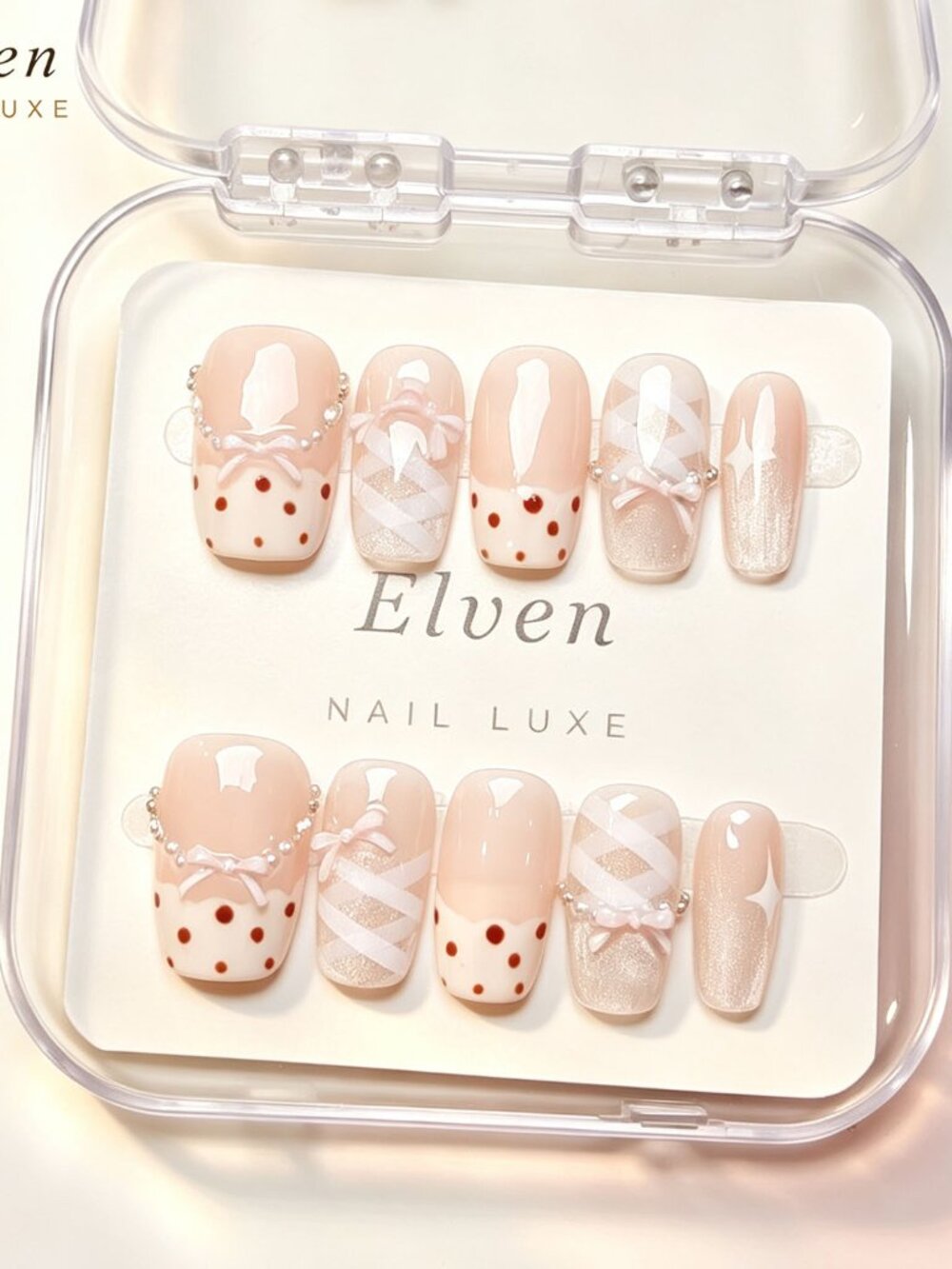 Cute coquette nude french tip short square press on nails & bows red polka dot